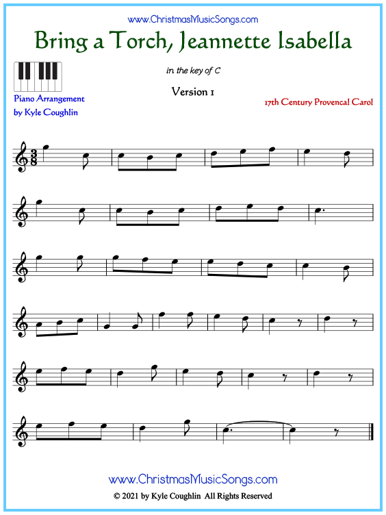 Beginner version of piano sheet music for Bring A Torch, Jeannette Isabella