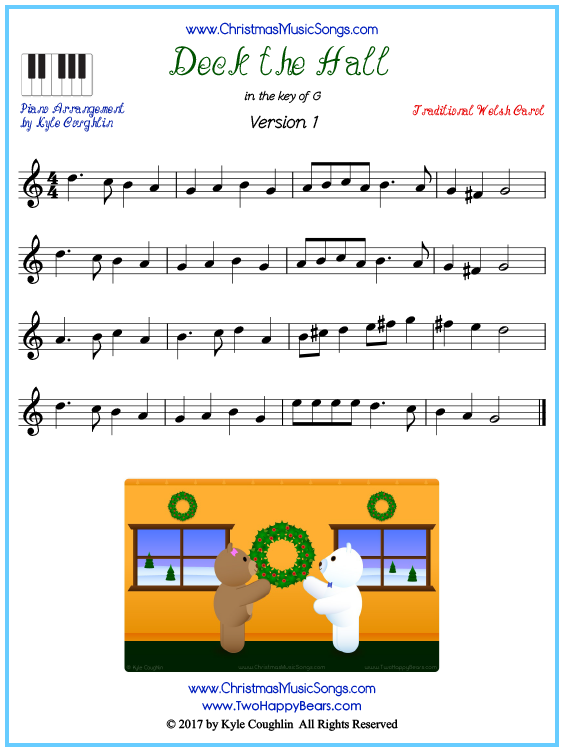 Beginner version of piano sheet music for Deck the Hall