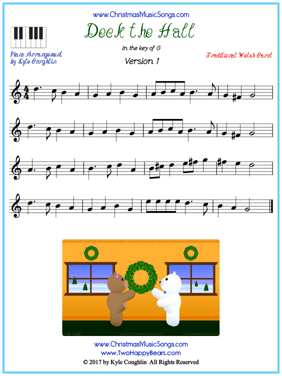 Deck the Halls piano sheet music - free printable PDF