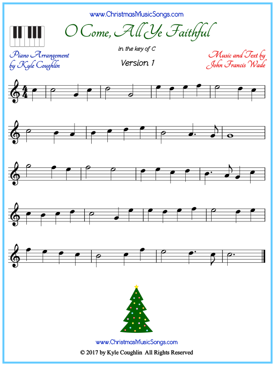 Beginner version of piano sheet music for O Come, All Ye Faithful