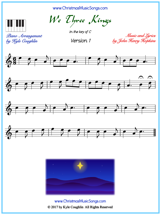 Beginner version of piano sheet music for We Three Kings