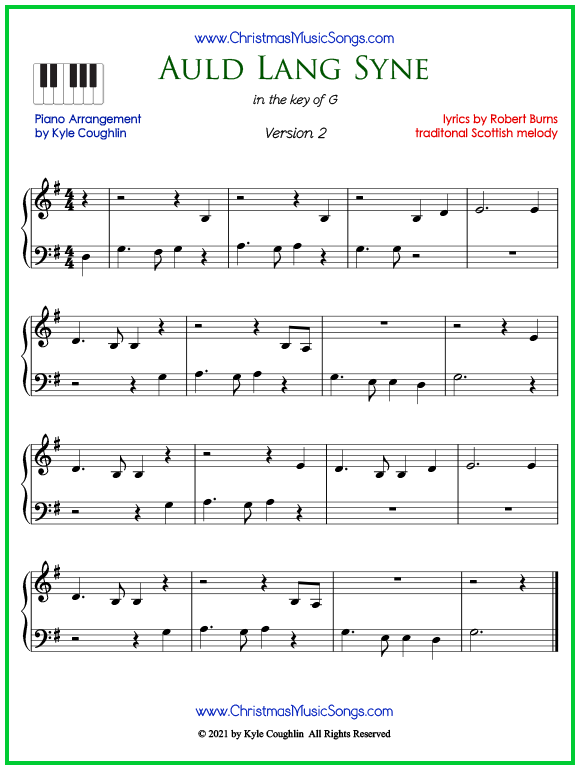 Easy version of piano sheet music for Auld Lang Syne