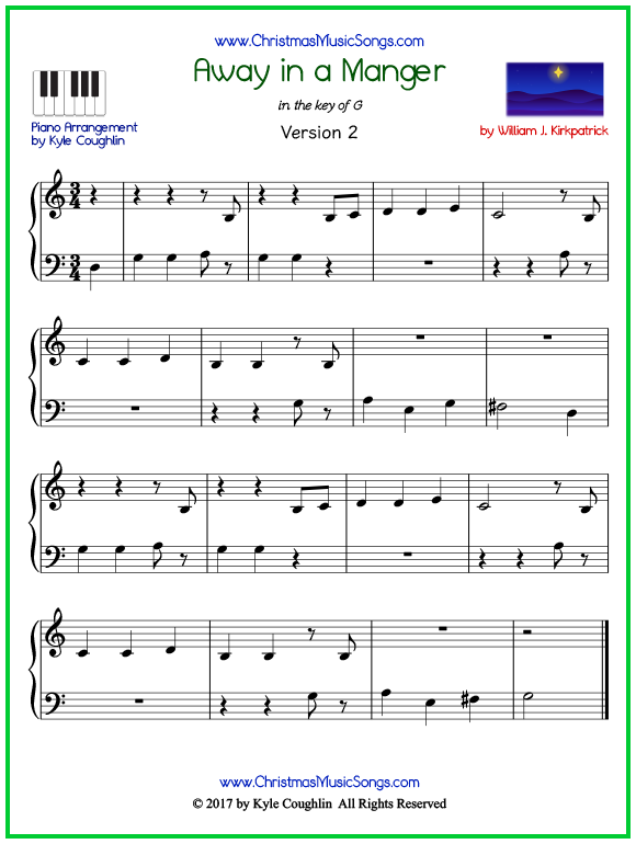 Easy version of piano sheet music for Away in a Manger by Kirkpatrick