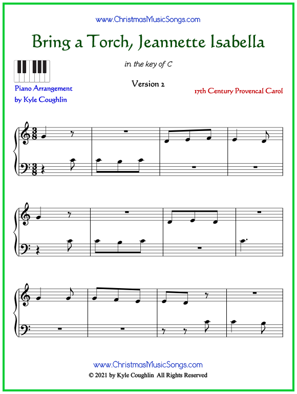 Easy version of piano sheet music for Bring A Torch, Jeannette Isabella