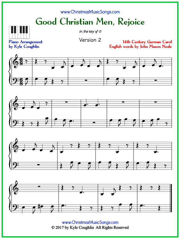 Easy version of piano sheet music for Good Christian Men, Rejoice