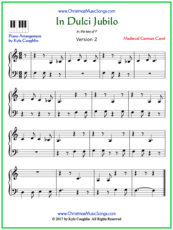 Easy version of piano sheet music for In Dulci Jubilo