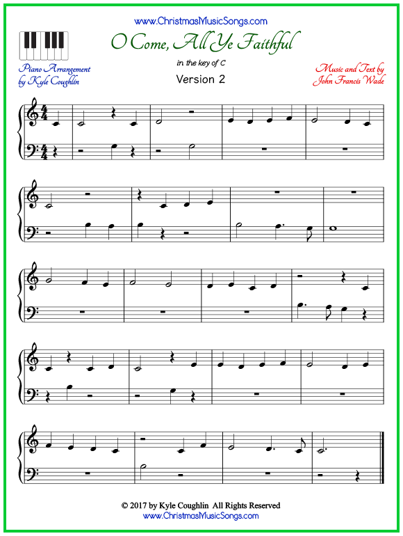Easy version of piano sheet music for O Come, All Ye Faithful