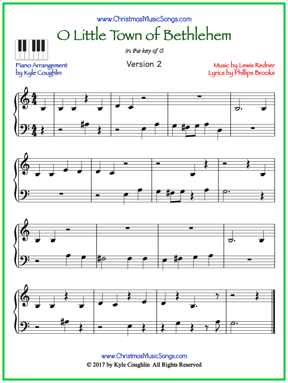 Easy version of piano sheet music for O Little Town of Bethlehem
