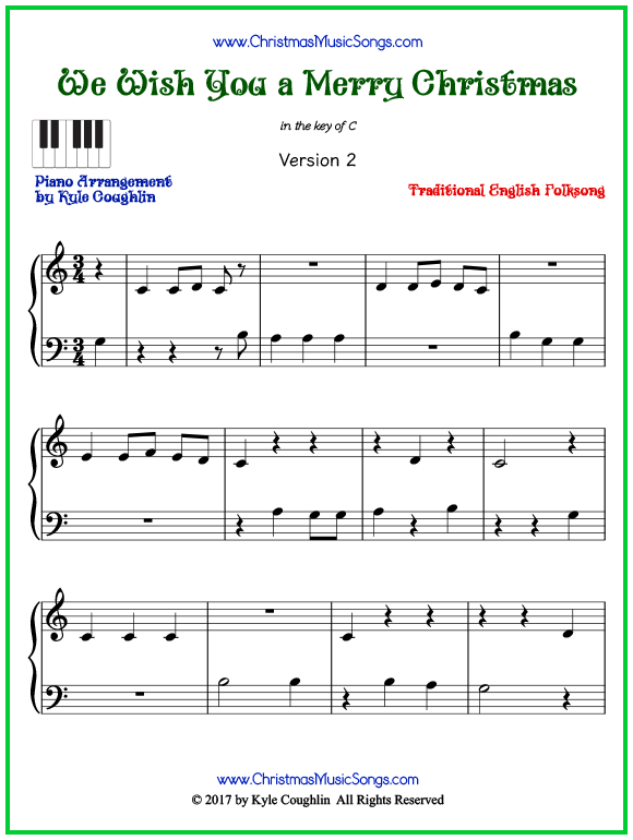 Easy version of piano sheet music for We Wish You a Merry Christmas