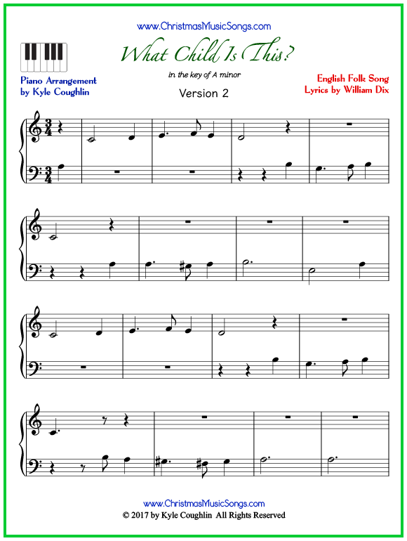 Easy version of piano sheet music for What Child Is This