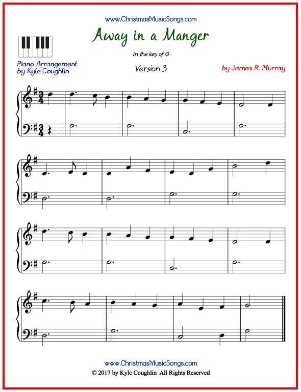 Simple version of piano sheet music for Away in a Manger by Murray