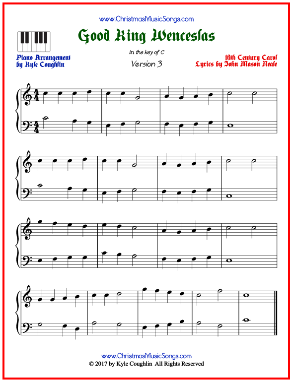 Simple version of piano sheet music for Good King Wenceslas