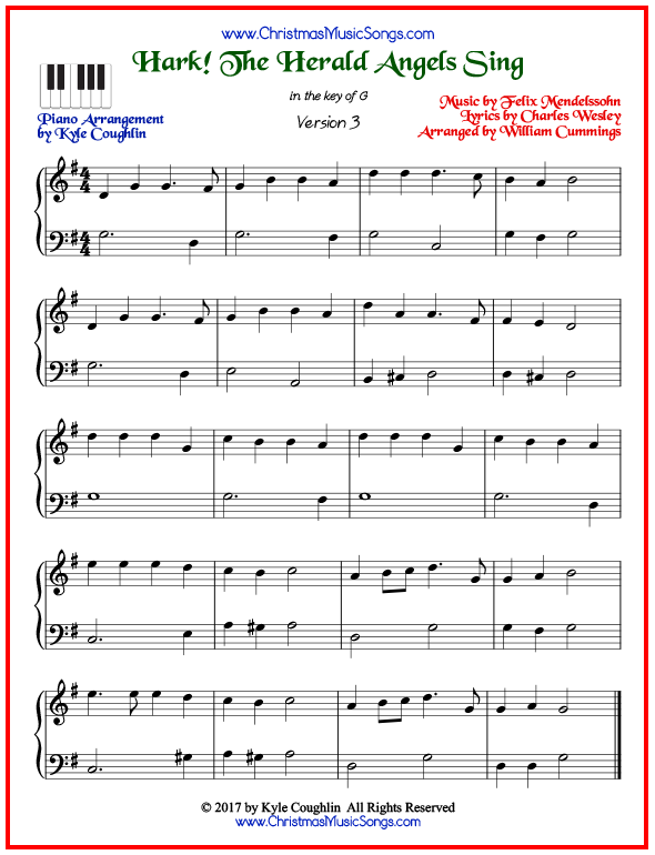 Simple version of piano sheet music for Hark! The Herald Angels Sing