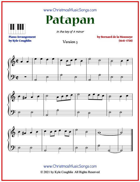 Simple version of piano sheet music for Patapan