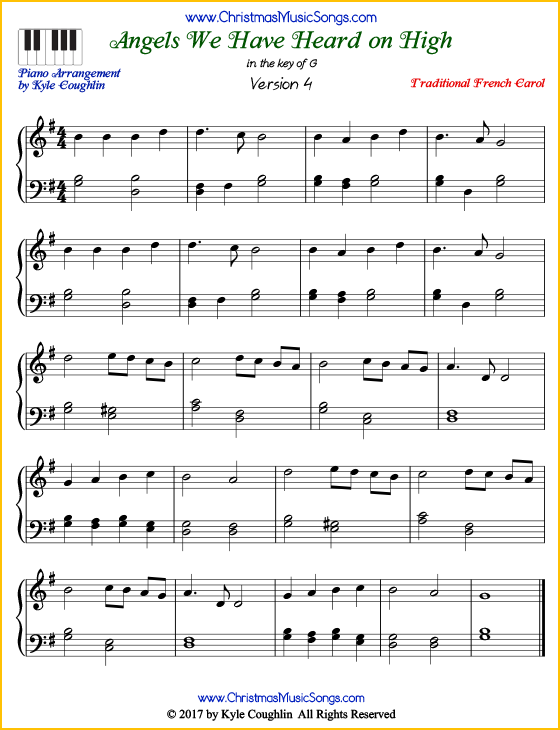 Intermediate version of piano sheet music for Angels We Have Heard on High.  Free printable PDF.