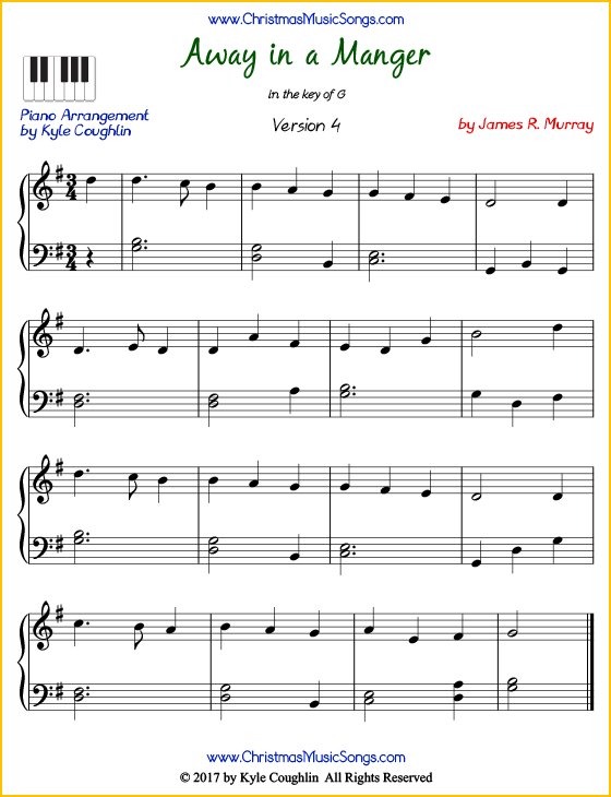Intermediate version of piano sheet music for Away in a Manger by James R. Murray.  Free printable PDF.
