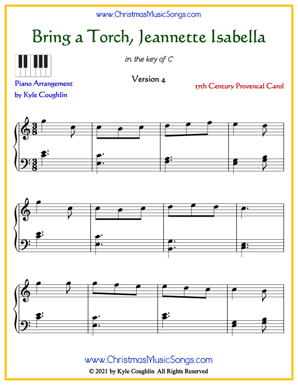 Bring A Torch, Jeannette Isabella intermediate piano sheet music. Free printable PDF at www.ChristmasMusicSongs.com