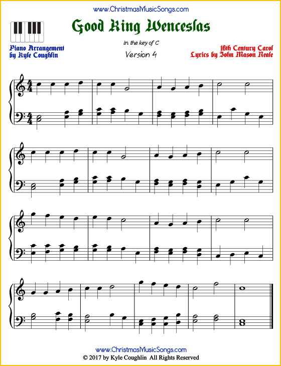 Good King Wenceslas intermediate piano sheet music. Free printable PDF at www.ChristmasMusicSongs.com