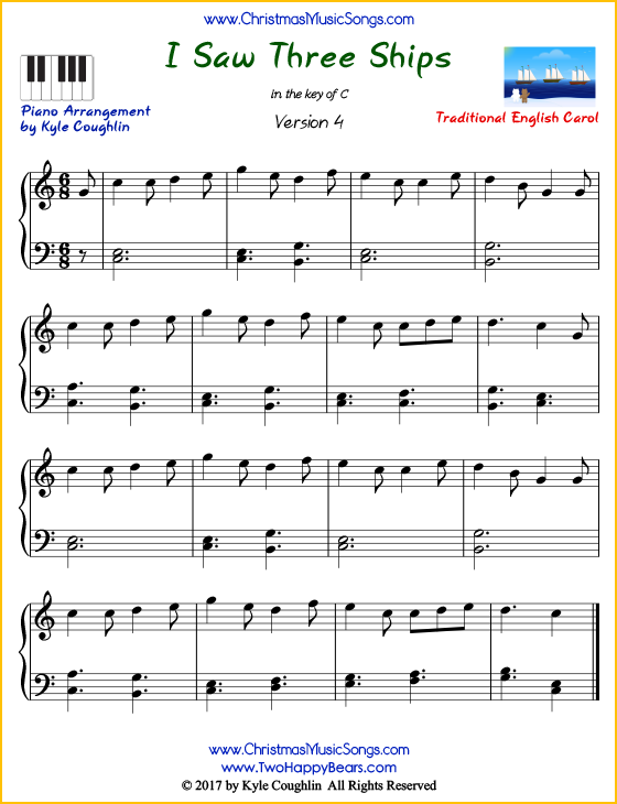 I Saw Three Ships intermediate piano sheet music. Free printable PDF at www.ChristmasMusicSongs.com
