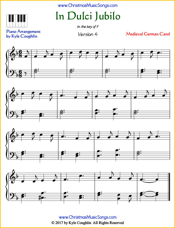 In Dulci Jubilo intermediate piano sheet music. Free printable PDF at www.ChristmasMusicSongs.com