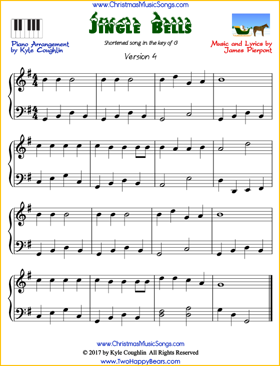 Jingle Bells shorter version intermediate piano sheet music. Free printable PDF at www.ChristmasMusicSongs.com