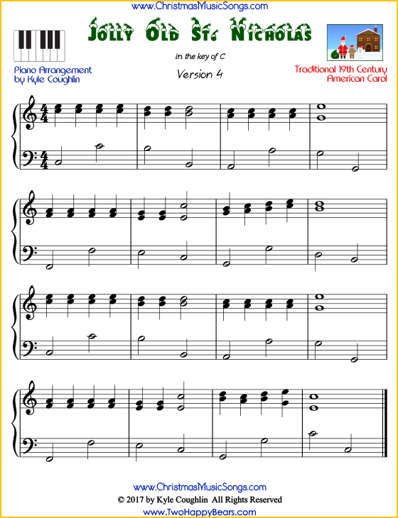 Jolly Old Saint Nicholas intermediate piano sheet music. Free printable PDF at www.ChristmasMusicSongs.com