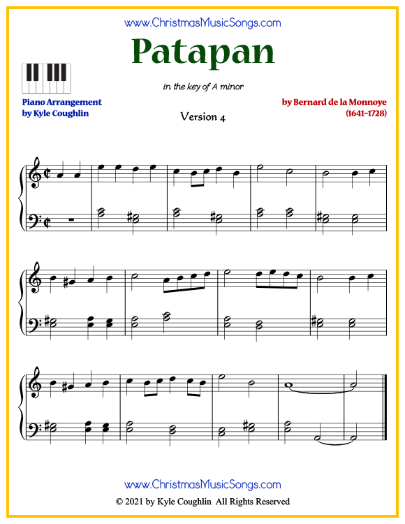 Patapan intermediate piano sheet music. Free printable PDF at www.ChristmasMusicSongs.com