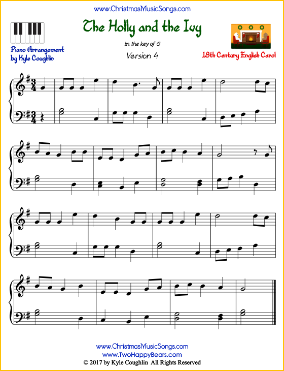 The Holly and the Ivy intermediate piano sheet music. Free printable PDF at www.ChristmasMusicSongs.com