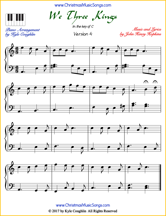 We Three Kings intermediate piano sheet music. Free printable PDF at www.ChristmasMusicSongs.com
