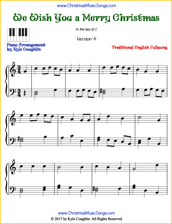 We Wish You a Merry Christmas intermediate piano sheet music. Free printable PDF at www.ChristmasMusicSongs.com