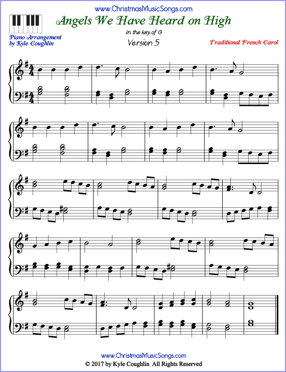 Advanced version of piano sheet music for Angels We Have Heard on High.  Free printable PDF.