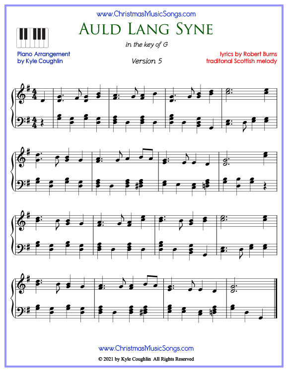Auld Lang Syne advanced piano sheet music. Free printable PDF at www.ChristmasMusicSongs.com