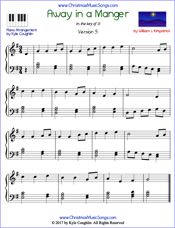 Advanced version of piano sheet music for Away in a Manger by William J. Kirkpatrick.  Free printable PDF.