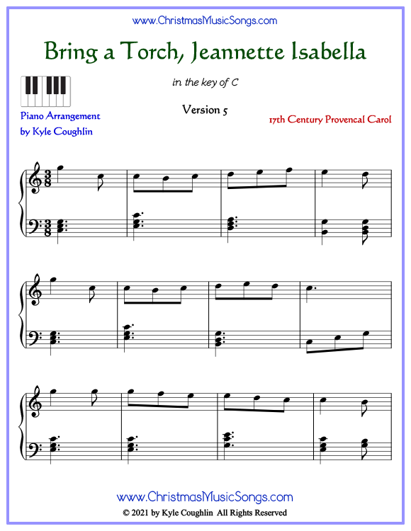 Bring A Torch, Jeannette Isabella advanced piano sheet music. Free printable PDF at www.ChristmasMusicSongs.com