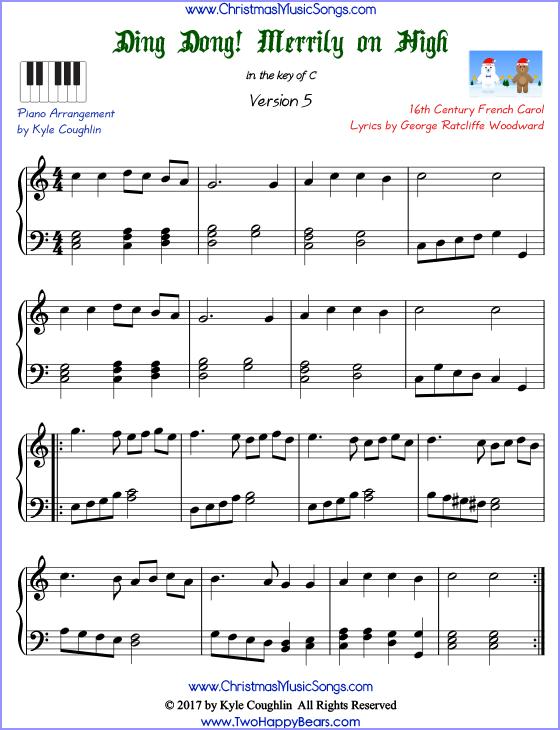Ding Dong! Merrily on High advanced piano sheet music. Free printable PDF at www.ChristmasMusicSongs.com