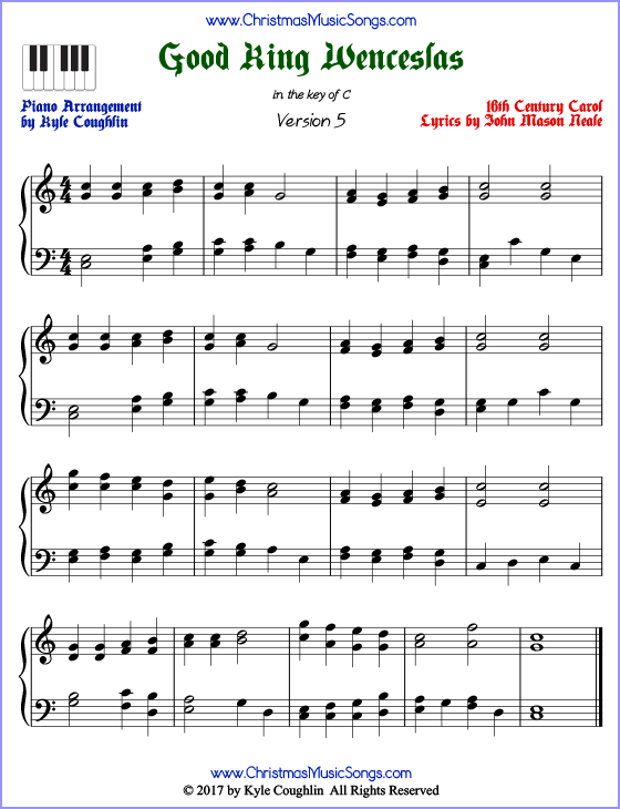 Good King Wenceslas advanced piano sheet music. Free printable PDF at www.ChristmasMusicSongs.com