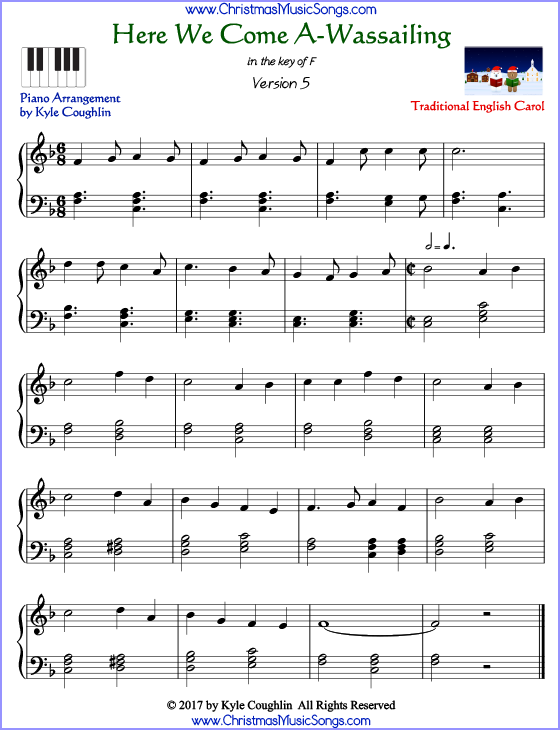 Here We Come A-Wassailing advanced piano sheet music. Free printable PDF at www.ChristmasMusicSongs.com