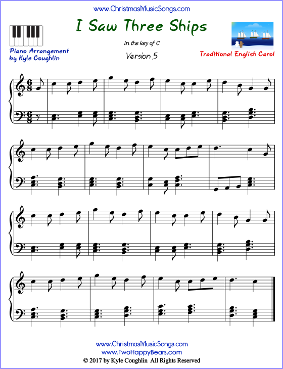 I Saw Three Ships advanced piano sheet music. Free printable PDF at www.ChristmasMusicSongs.com