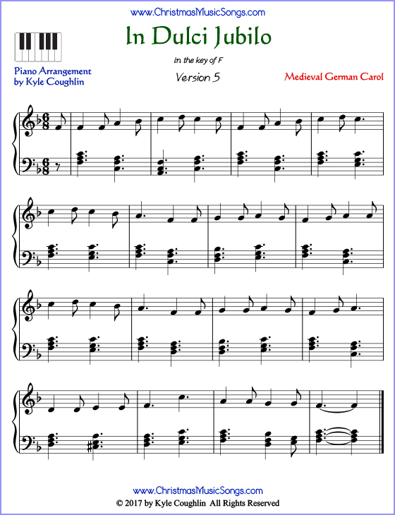 In Dulci Jubilo advanced piano sheet music. Free printable PDF at www.ChristmasMusicSongs.com