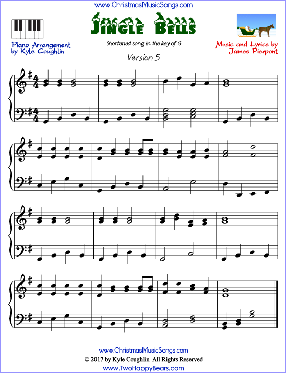 Jingle Bells shorter version intermediate piano sheet music. Free printable PDF at www.ChristmasMusicSongs.com