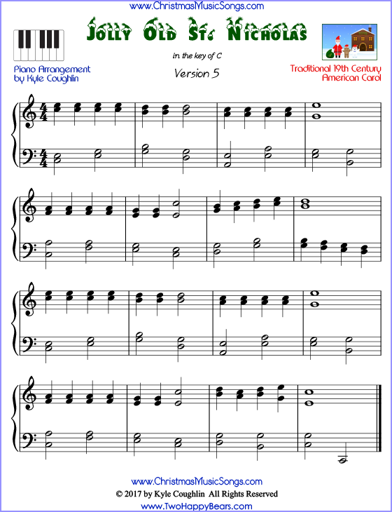 Jolly Old Saint Nicholas advanced piano sheet music. Free printable PDF at www.ChristmasMusicSongs.com
