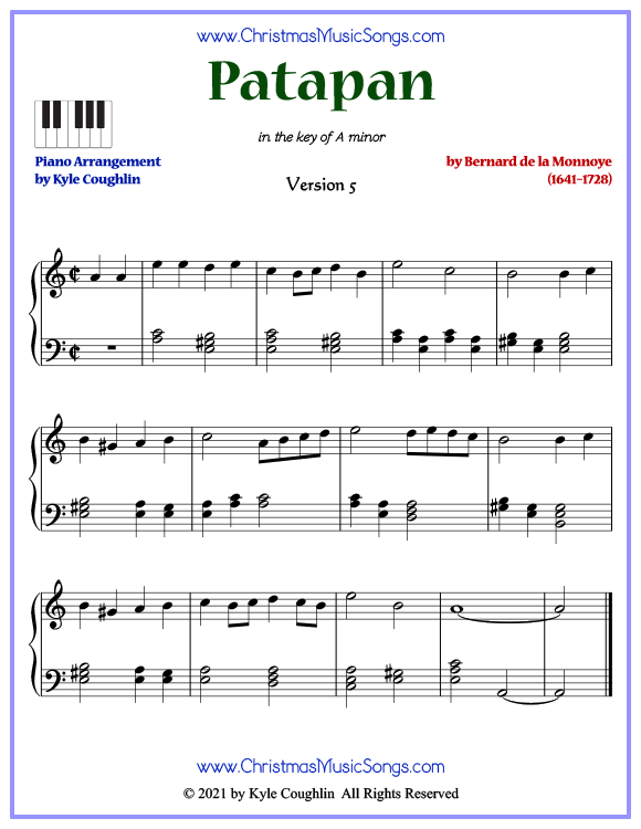 Patapan advanced piano sheet music. Free printable PDF at www.ChristmasMusicSongs.com