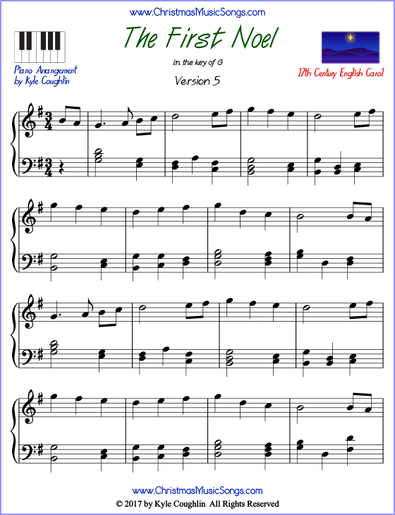 The First Noel advanced piano sheet music. Free printable PDF at www.ChristmasMusicSongs.com