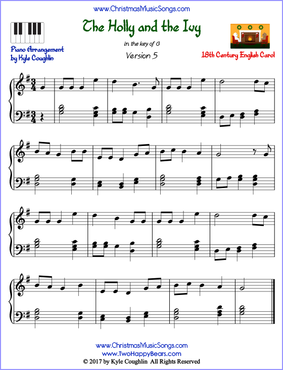 The Holly and the Ivy advanced piano sheet music. Free printable PDF at www.ChristmasMusicSongs.com