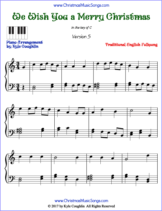 We Wish You a Merry Christmas advanced piano sheet music. Free printable PDF at www.ChristmasMusicSongs.com