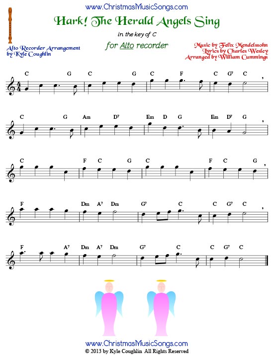 The Christmas carol Hark! The Herald Angels Sing, arranged for alto recorder in the key of C.