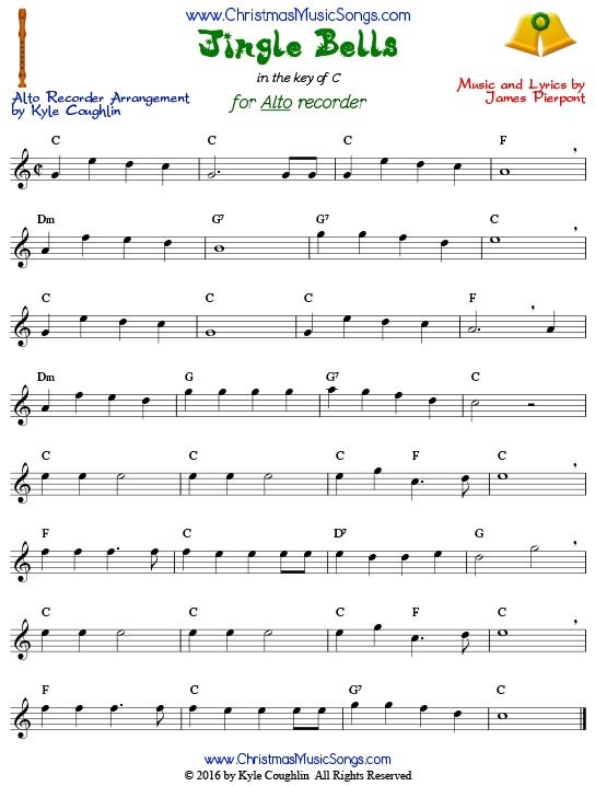 Jingle Bells for alto recorder in the key of C.