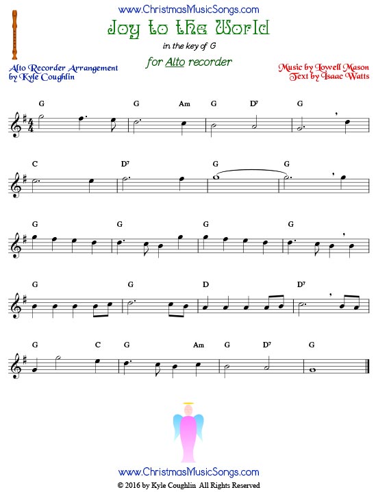 Joy to the World, arranged for alto recorder in the key of G.