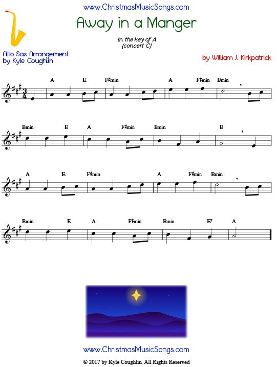 Away in a Manger alto saxophone sheet music by William J. Kirkpatrick, arranged to play along with other wind, brass, and string instruments.