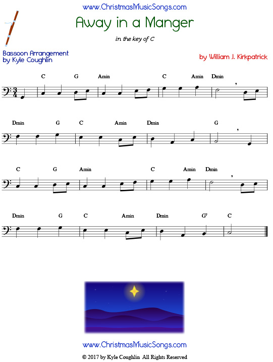 Away in a Manger bassoon sheet music by William J. Kirkpatrick, arranged to play along with other wind, brass, and string instruments.